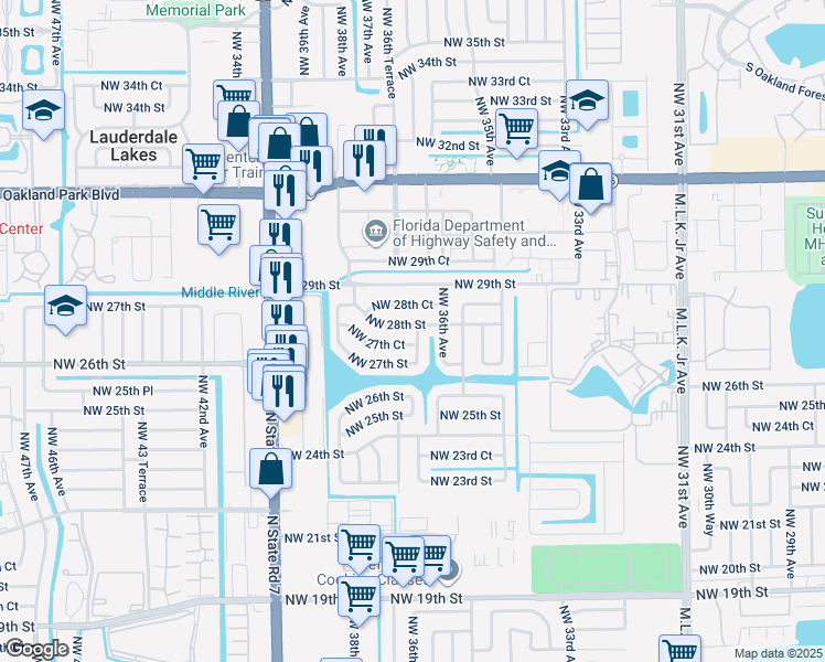 map of restaurants, bars, coffee shops, grocery stores, and more near 3650 Northwest 28th Street in Lauderdale Lakes