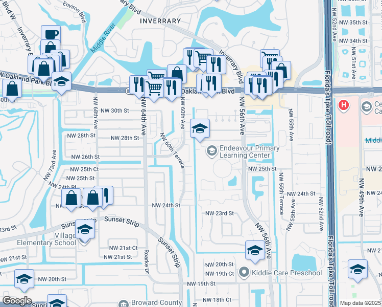 map of restaurants, bars, coffee shops, grocery stores, and more near 2651 Northwest 60th Way in Sunrise