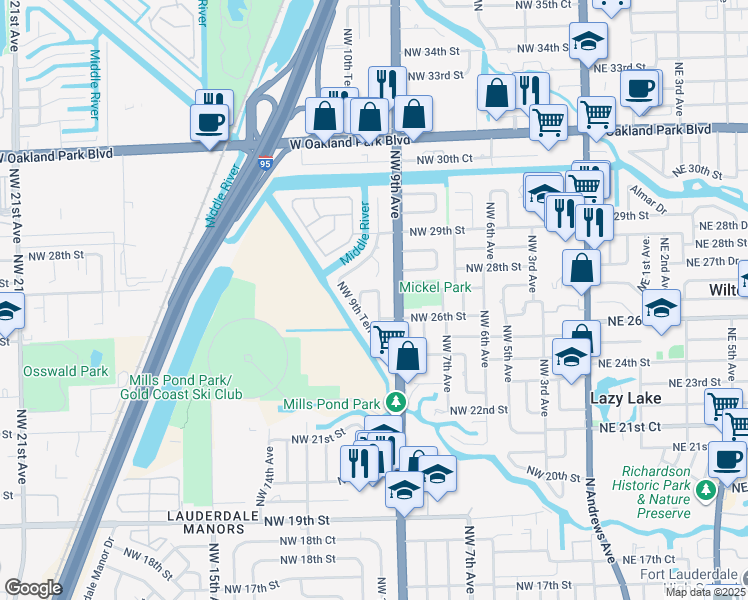 map of restaurants, bars, coffee shops, grocery stores, and more near 2633 Northwest 9th Lane in Wilton Manors