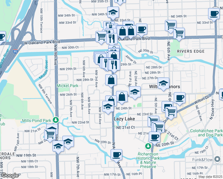 map of restaurants, bars, coffee shops, grocery stores, and more near 2645 North Andrews Avenue in Wilton Manors