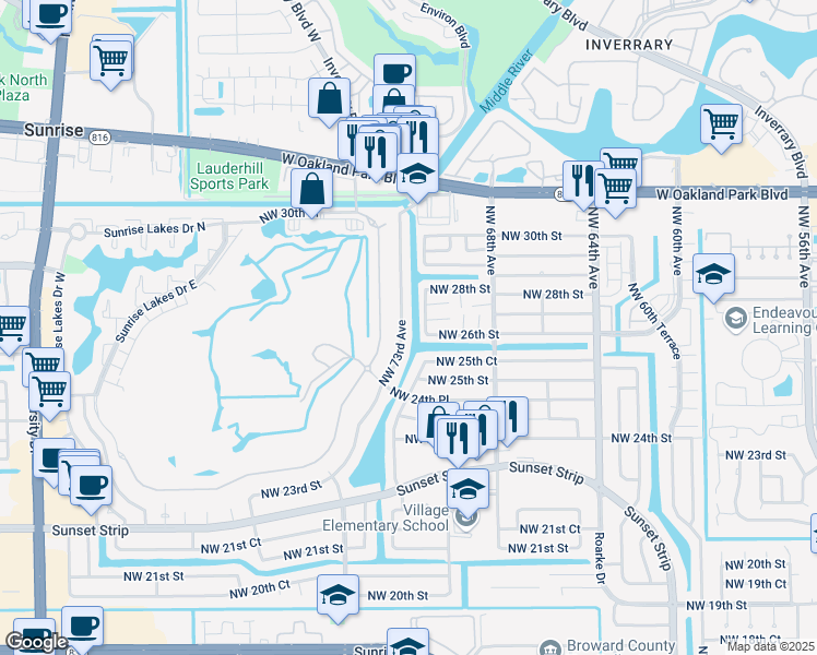 map of restaurants, bars, coffee shops, grocery stores, and more near 2664 Northwest 73rd Avenue in Sunrise
