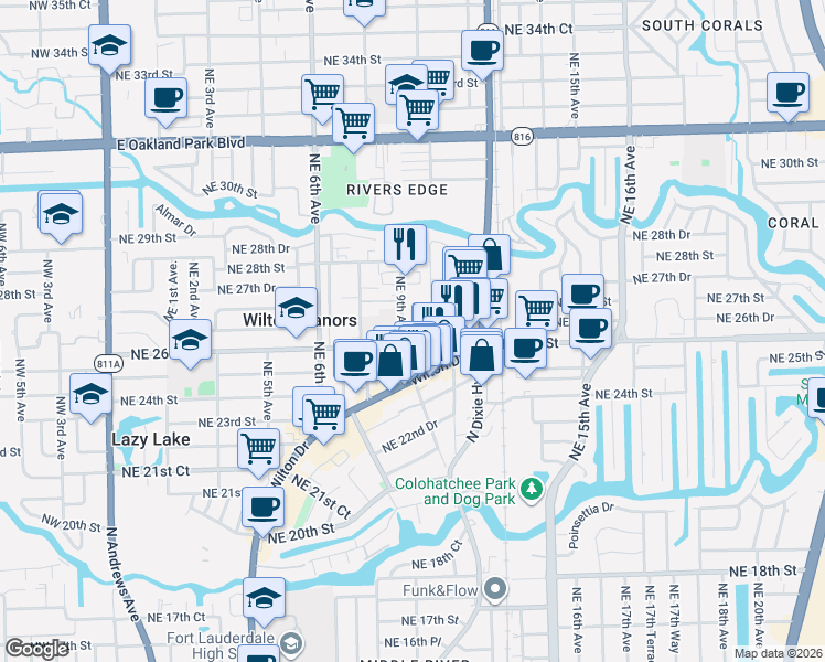 map of restaurants, bars, coffee shops, grocery stores, and more near 2617 Northeast 9th Terrace in Wilton Manors
