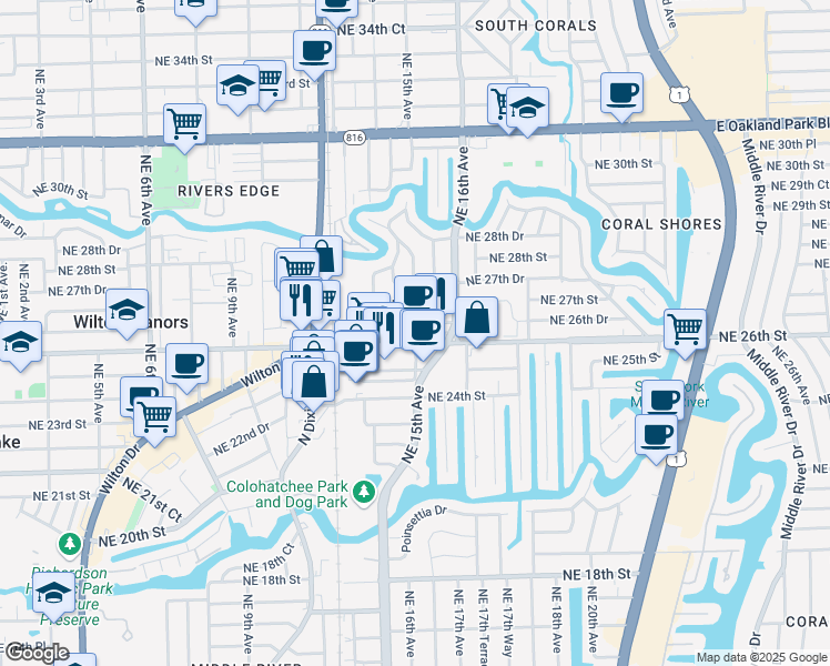 map of restaurants, bars, coffee shops, grocery stores, and more near 1431 Northeast 26th Street in Wilton Manors