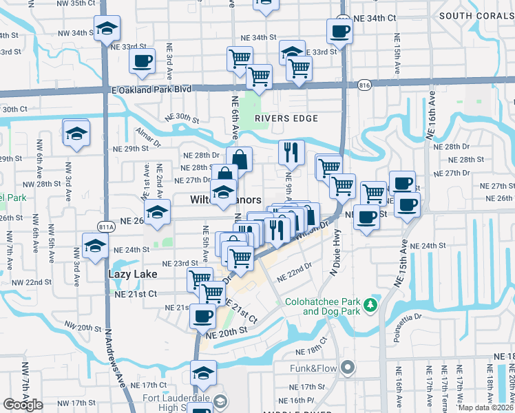 map of restaurants, bars, coffee shops, grocery stores, and more near 2607 Northeast 8th Avenue in Fort Lauderdale