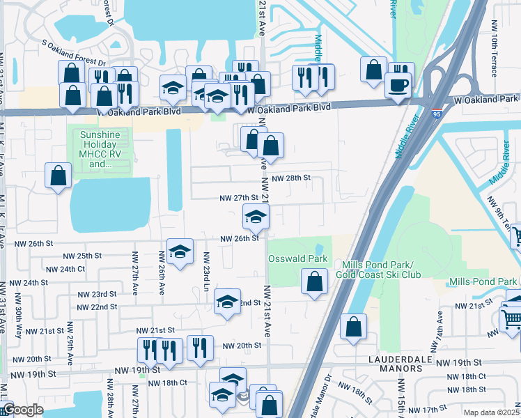 map of restaurants, bars, coffee shops, grocery stores, and more near 2050 Northwest 27th Street in Oakland Park