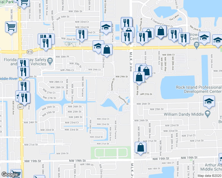 map of restaurants, bars, coffee shops, grocery stores, and more near 2811 Somerset Drive in Lauderdale Lakes