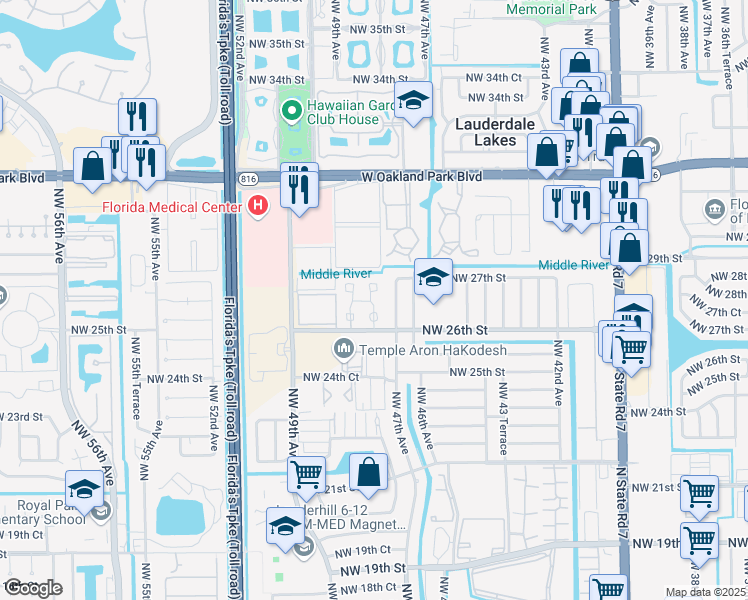 map of restaurants, bars, coffee shops, grocery stores, and more near 501 Northwest 47th Lane in Lauderdale Lakes