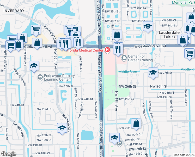 map of restaurants, bars, coffee shops, grocery stores, and more near 2606 Northwest 52nd Avenue in Lauderhill