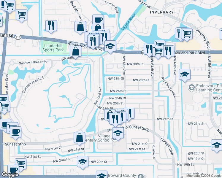 map of restaurants, bars, coffee shops, grocery stores, and more near 6860 Northwest 26th Court in Sunrise