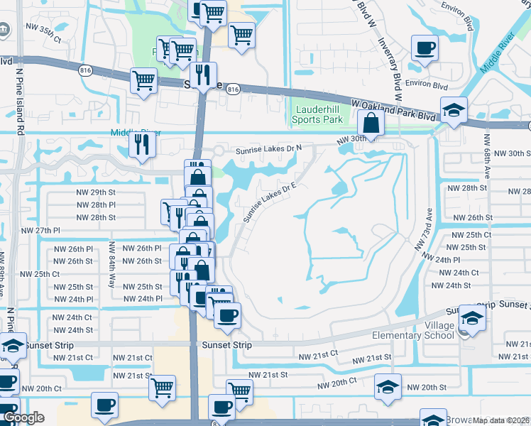 map of restaurants, bars, coffee shops, grocery stores, and more near 2824 Northwest 80th Avenue in Sunrise
