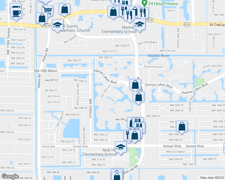 map of restaurants, bars, coffee shops, grocery stores, and more near 2726 Northwest 104th Avenue in Sunrise