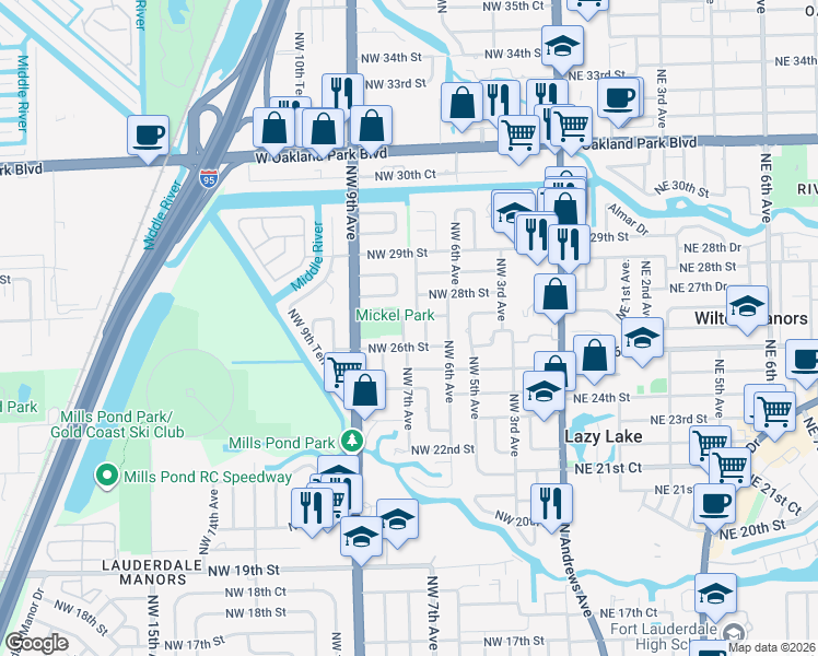 map of restaurants, bars, coffee shops, grocery stores, and more near 2616 Northwest 7th Avenue in Wilton Manors