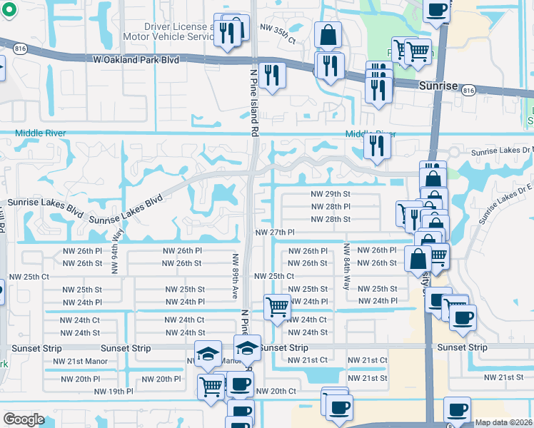 map of restaurants, bars, coffee shops, grocery stores, and more near 2829 Northwest 87th Avenue in Sunrise