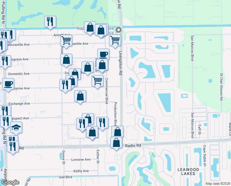 map of restaurants, bars, coffee shops, grocery stores, and more near 4730 Enterprise Avenue in Naples