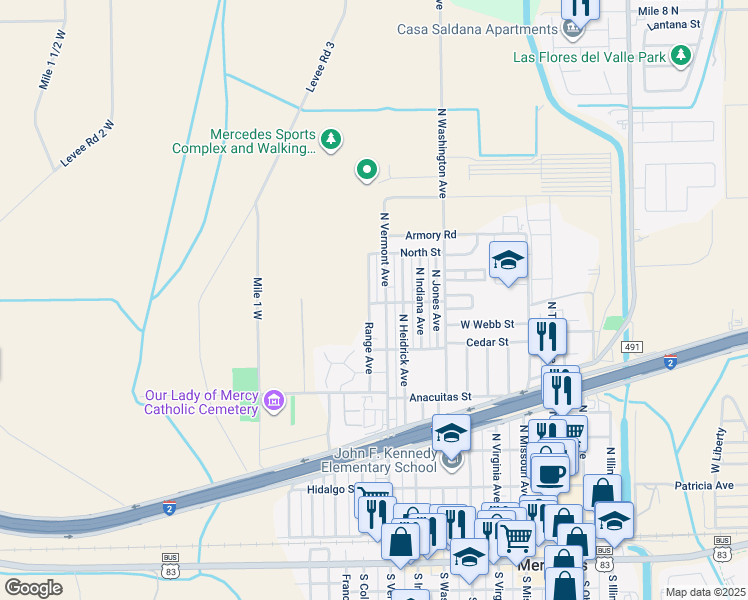 map of restaurants, bars, coffee shops, grocery stores, and more near 903 Tangerine Avenue in Mercedes