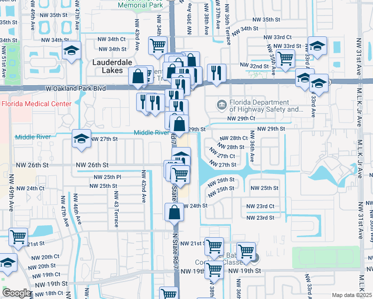 map of restaurants, bars, coffee shops, grocery stores, and more near 2700 Northwest 39th Way in Lauderdale Lakes