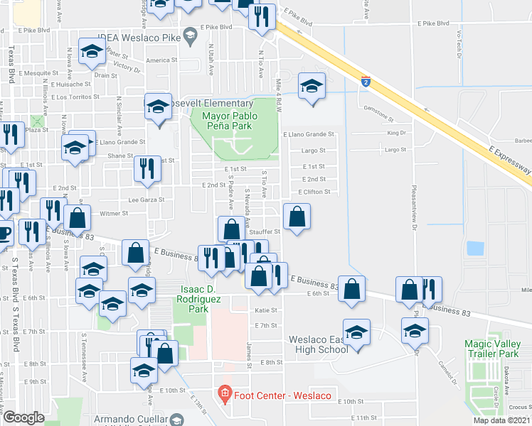map of restaurants, bars, coffee shops, grocery stores, and more near 1601 Davenport Street in Weslaco