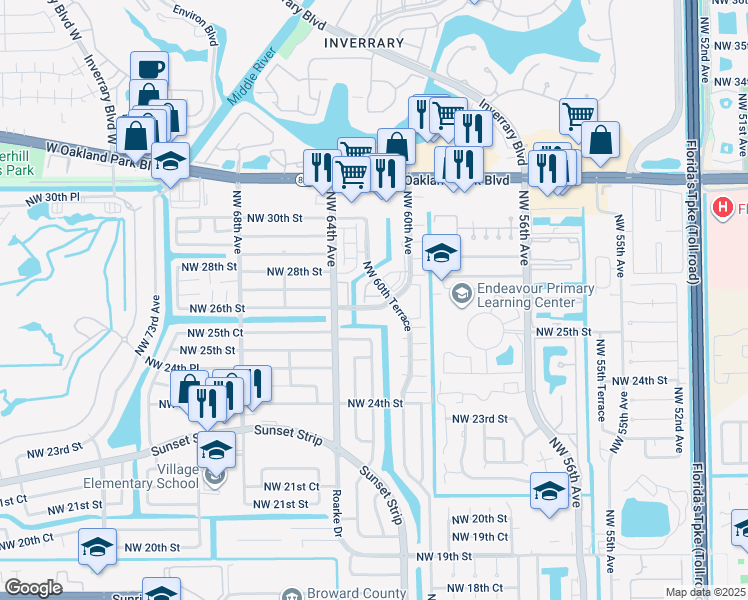 map of restaurants, bars, coffee shops, grocery stores, and more near 6220 Northwest 26th Court in Sunrise