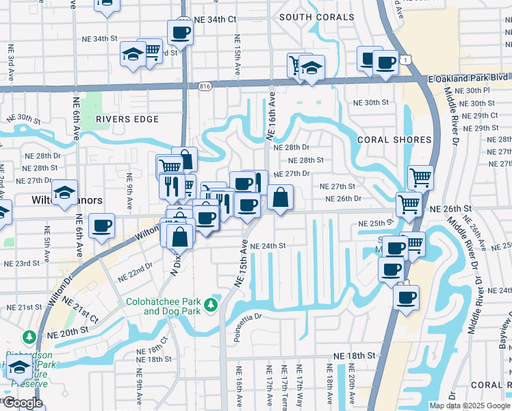 map of restaurants, bars, coffee shops, grocery stores, and more near 1517 Northeast 26th Street in Fort Lauderdale