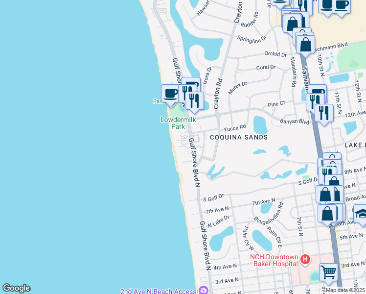 map of restaurants, bars, coffee shops, grocery stores, and more near 1221 Gulf Shore Boulevard North in Naples