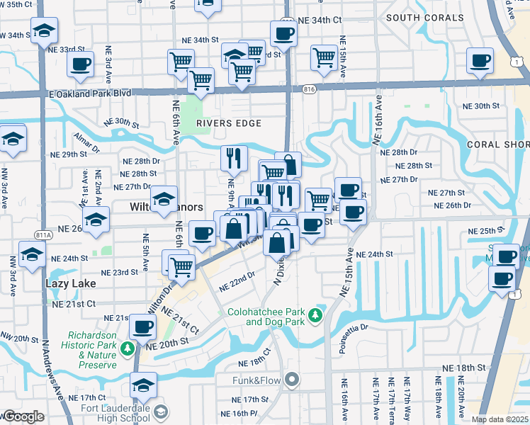 map of restaurants, bars, coffee shops, grocery stores, and more near 2606 Northeast 10th Terrace in Wilton Manors