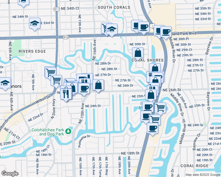 map of restaurants, bars, coffee shops, grocery stores, and more near 1749 Northeast 26th Street in Wilton Manors