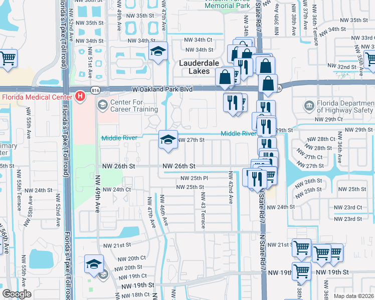 map of restaurants, bars, coffee shops, grocery stores, and more near 2650 Northwest 44th Terrace in Lauderhill