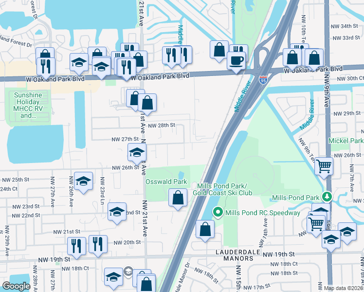 map of restaurants, bars, coffee shops, grocery stores, and more near 1840 Northwest 27th Street in Oakland Park