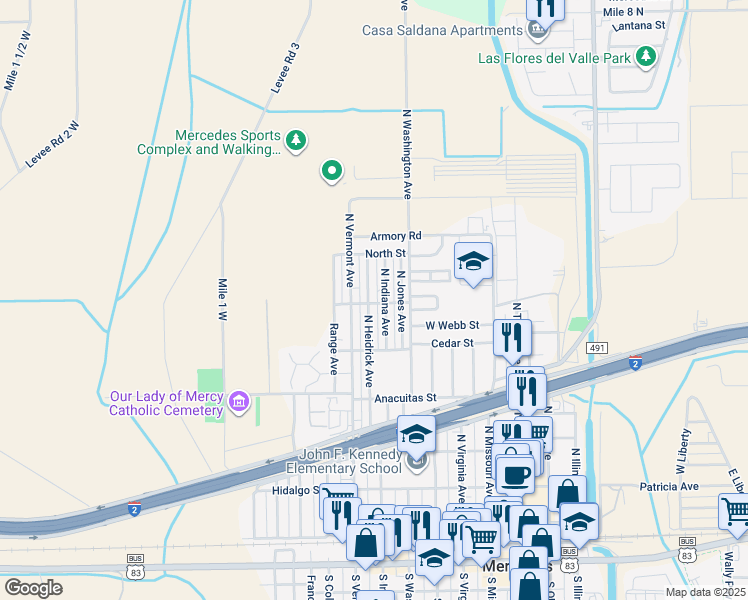 map of restaurants, bars, coffee shops, grocery stores, and more near 903 Heidrick Avenue in Mercedes