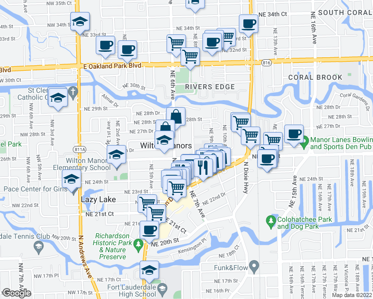 map of restaurants, bars, coffee shops, grocery stores, and more near 2607 Northeast 8th Avenue in Fort Lauderdale