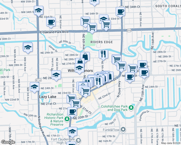 map of restaurants, bars, coffee shops, grocery stores, and more near 2607 Northeast 8th Avenue in Wilton Manors