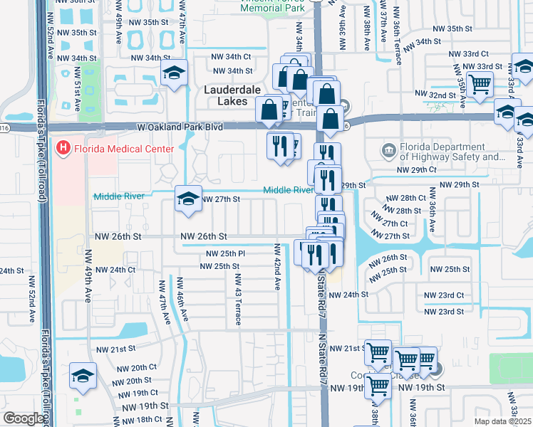 map of restaurants, bars, coffee shops, grocery stores, and more near 2650 Northwest 42nd Terrace in Lauderhill