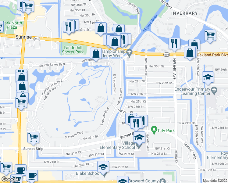 map of restaurants, bars, coffee shops, grocery stores, and more near 2601-6 East Aragon Boulevard in Sunrise