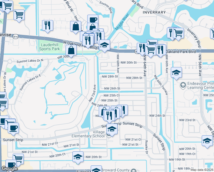 map of restaurants, bars, coffee shops, grocery stores, and more near 6860 Northwest 26th Court in Sunrise