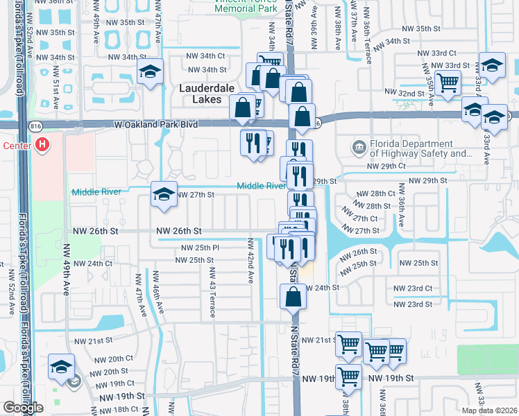 map of restaurants, bars, coffee shops, grocery stores, and more near 4161 Northwest 26th Street in Lauderhill