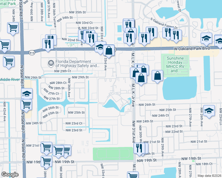 map of restaurants, bars, coffee shops, grocery stores, and more near 2811 Somerset Drive in Lauderdale Lakes