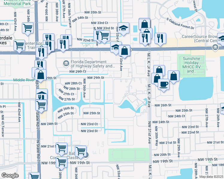 map of restaurants, bars, coffee shops, grocery stores, and more near 3411 Willow Court in Lauderdale Lakes