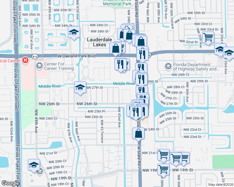 map of restaurants, bars, coffee shops, grocery stores, and more near 2650 Northwest 42nd Terrace in Lauderhill