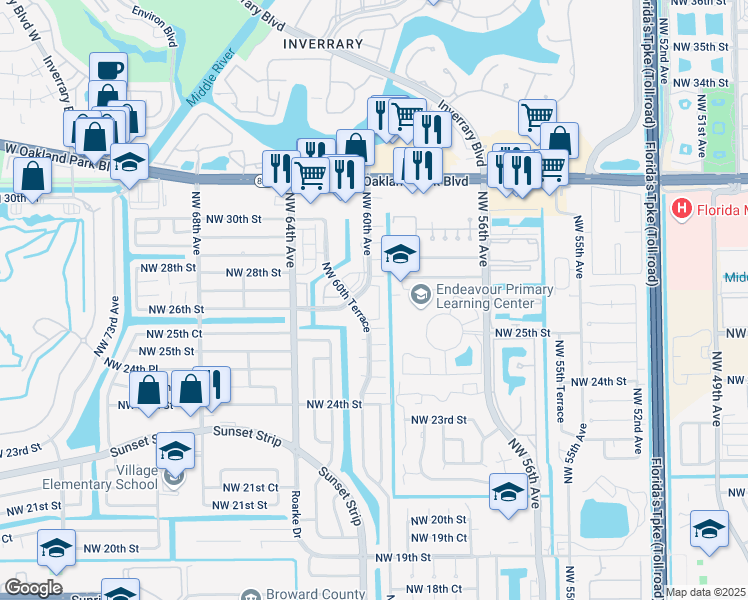 map of restaurants, bars, coffee shops, grocery stores, and more near 2651 Northwest 60th Way in Sunrise