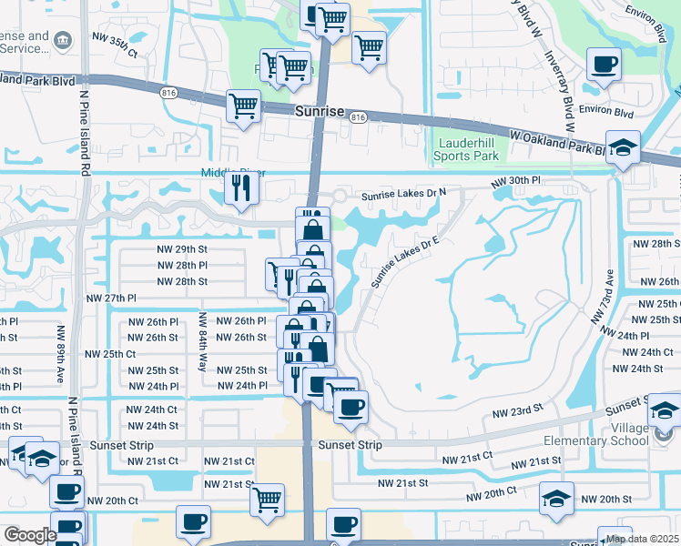 map of restaurants, bars, coffee shops, grocery stores, and more near 2750 Sunrise Lakes Drive West in Sunrise