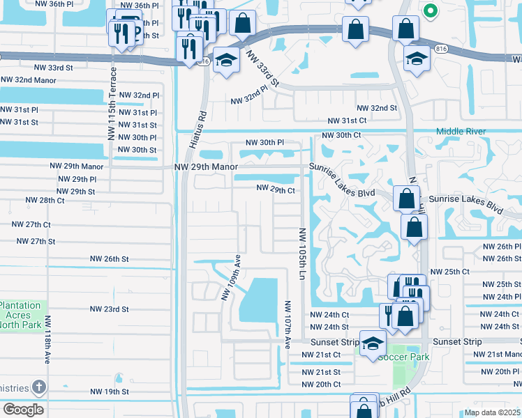 map of restaurants, bars, coffee shops, grocery stores, and more near 2804 Northwest 108th Terrace in Sunrise