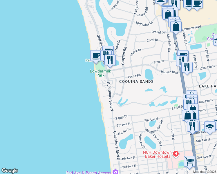 map of restaurants, bars, coffee shops, grocery stores, and more near 1100 Gulf Shore Boulevard North in Naples