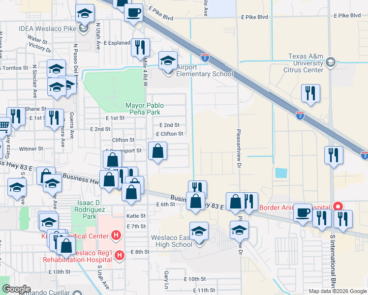 map of restaurants, bars, coffee shops, grocery stores, and more near 2006 East Clifton Street in Weslaco