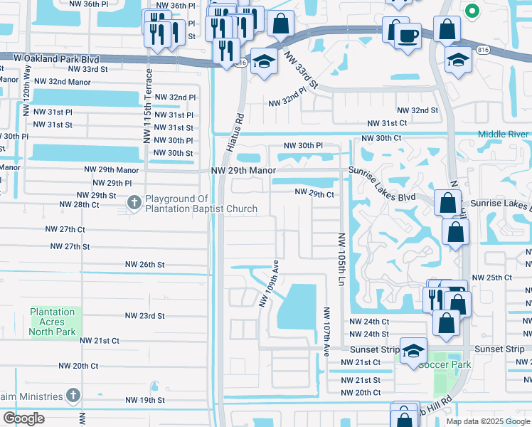 map of restaurants, bars, coffee shops, grocery stores, and more near 2801 Northwest 109th Avenue in Sunrise