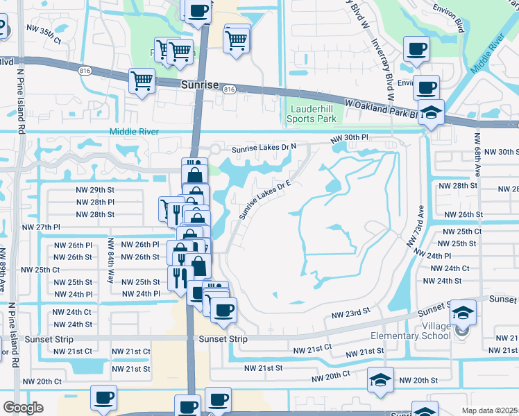 map of restaurants, bars, coffee shops, grocery stores, and more near 8033 Northwest 28th Street in Sunrise