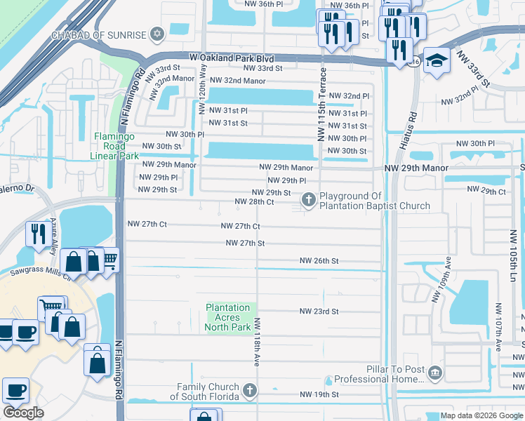 map of restaurants, bars, coffee shops, grocery stores, and more near 2800 Northwest 118th Avenue in Sunrise