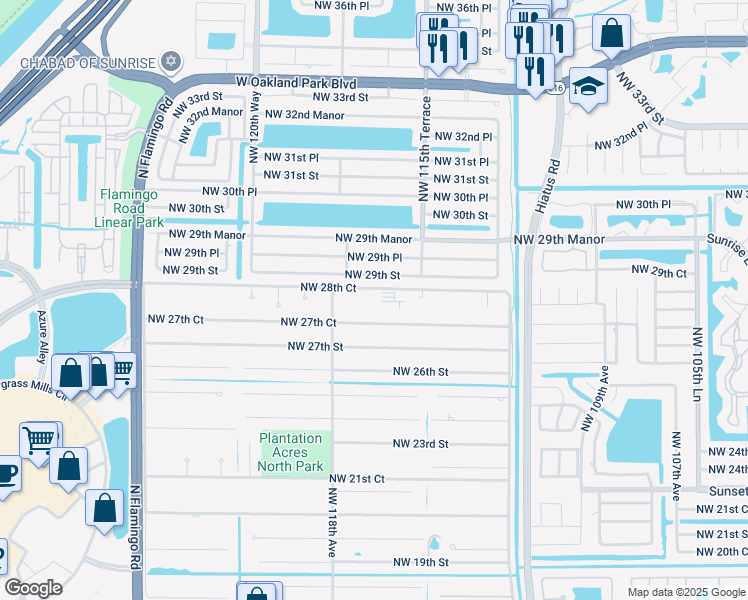 map of restaurants, bars, coffee shops, grocery stores, and more near 11700 Northwest 28th Court in Sunrise