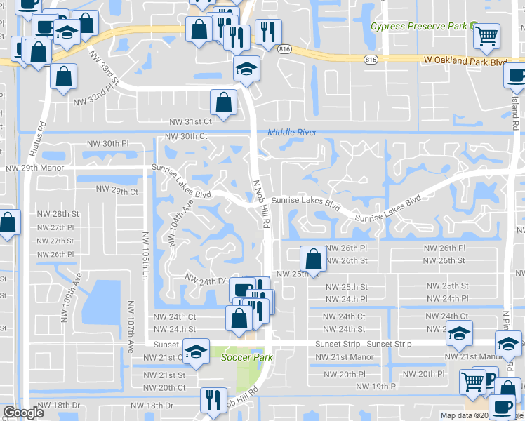 map of restaurants, bars, coffee shops, grocery stores, and more near 2801 North Nob Hill Road in Sunrise