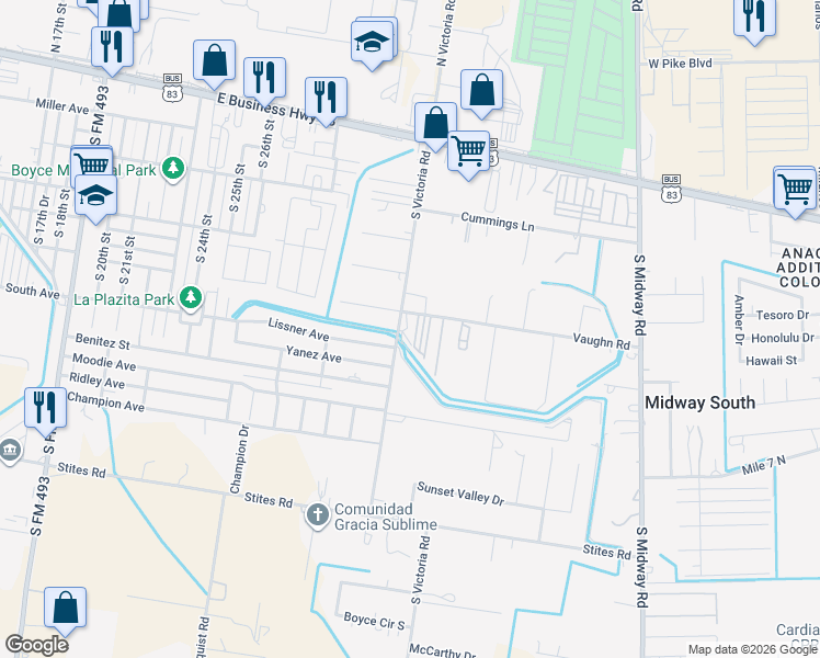 map of restaurants, bars, coffee shops, grocery stores, and more near 610 South Victoria Road in Donna