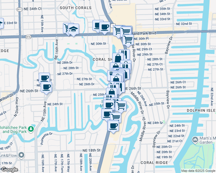 map of restaurants, bars, coffee shops, grocery stores, and more near 15 Northeast 26th Street in Wilton Manors